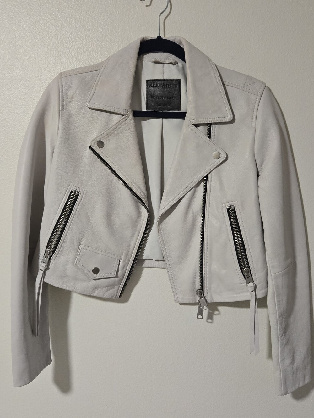 Allsaints White Elora Crop Leather Jacket Us 8